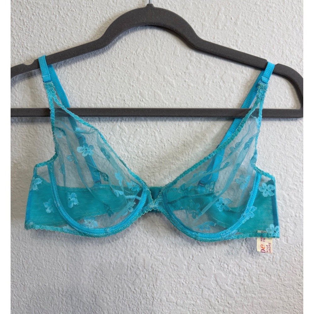 Vintage 60s Aubade Bra French Lingerie Turquoise Blue Floral Sheer Mesh Lace 95